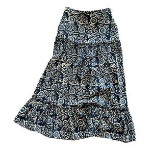 Luna Moon Cotton Maxi Skirt Block Print Batik Tiered Navy Blue Peasant Skirt